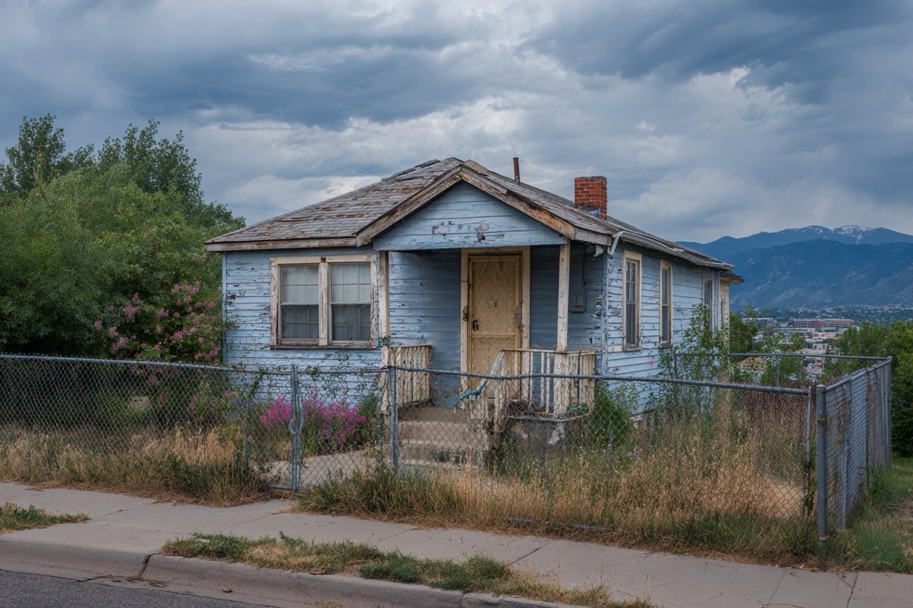 Condemned house in Denver Colorado with city skyline backdrop