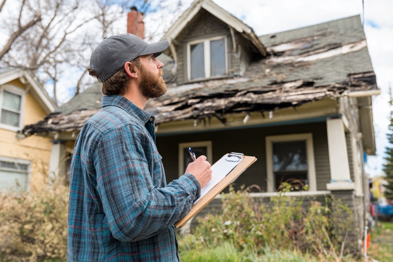 Professional assessing fire damage on Denver Colorado residential property