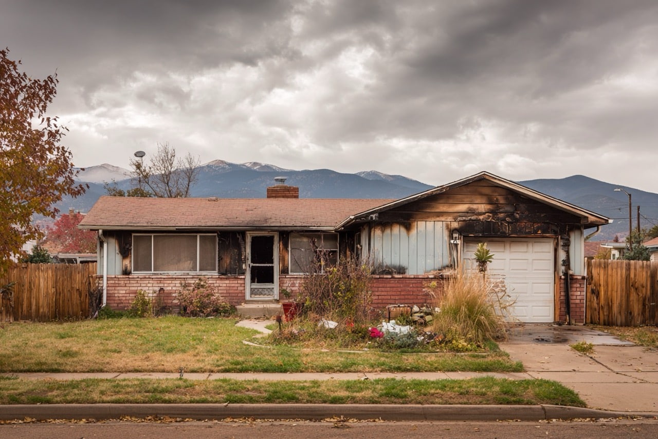Fire damaged residential property in Denver Colorado neighborhood